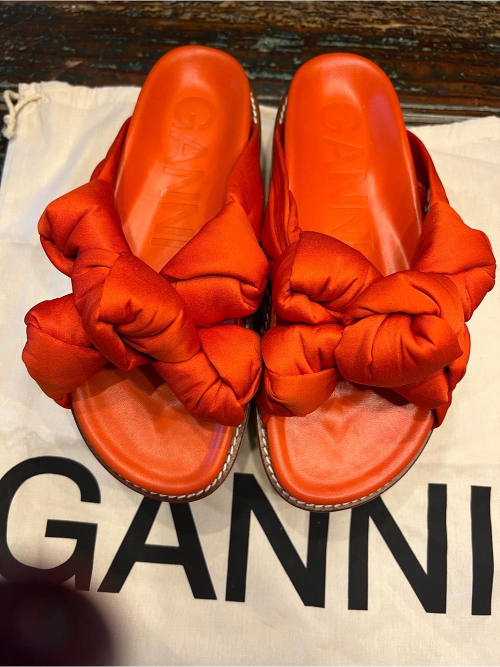 Ganni Bright Orange Knotted Satin Slide Sandals